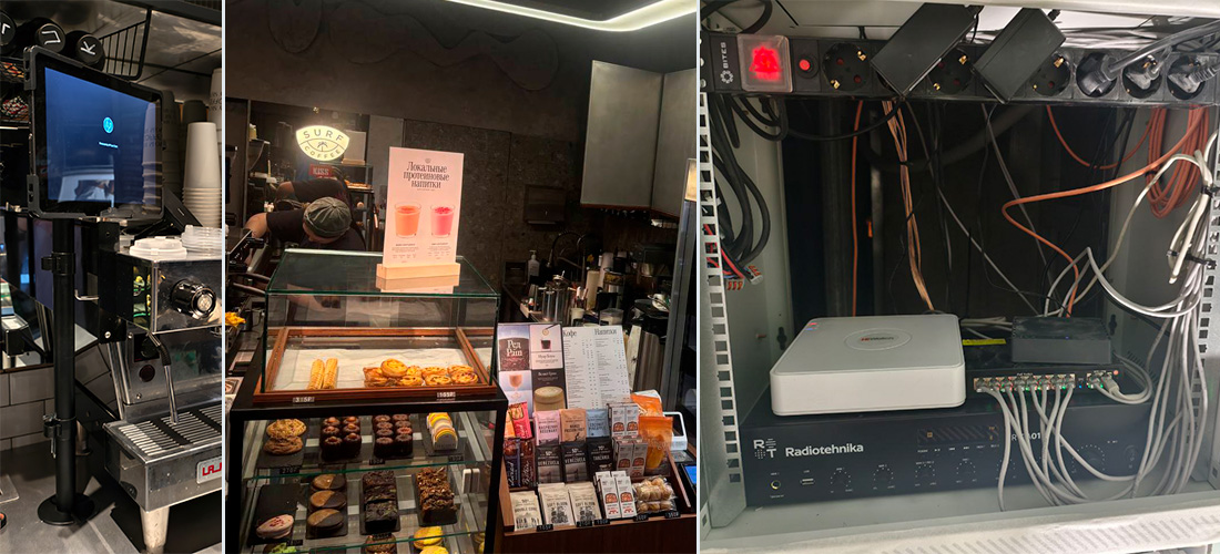 IT-инфраструктура кофейни Surf Coffee: кассовая зона, витрина, серверный шкаф с оборудованием